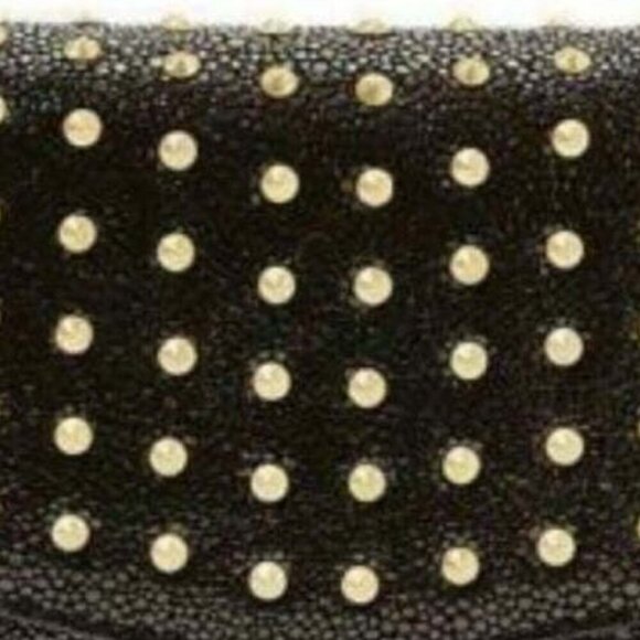 Brian Atwood Clutch Chain Wallet Small Black Leather Crossbody Gold Studded